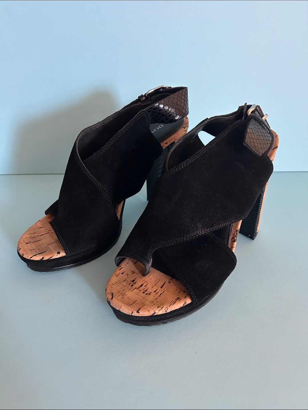 Robert Pliner Black Suede Open Cross-Strap High Heel Sandals